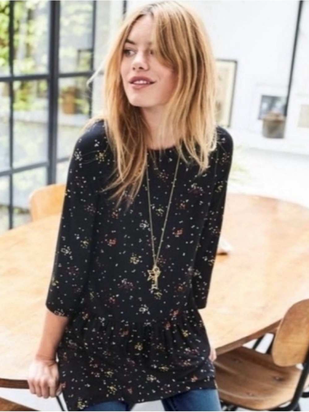 Boden Katrina Jersey Knit Confetti Print 3/4 Sleeve Navy Peplum Tunic Top Sz S